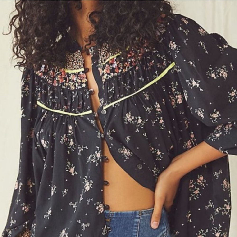 Free People Black Floral Prairie Blouse